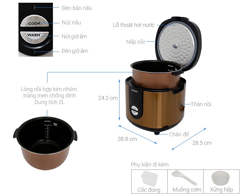 Nồi cơm điện Philips 2 lít HD3132/68 Vàng